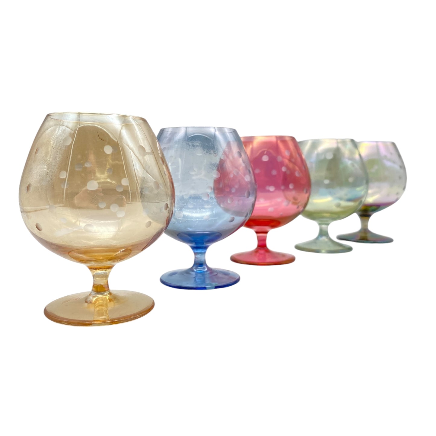 Mid Century Cognacgläser bunt irisierend 5er Set beschliffen Linsen 50er 60er Jahre