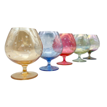 Mid Century Cognacgläser bunt irisierend 5er Set beschliffen Linsen 50er 60er Jahre