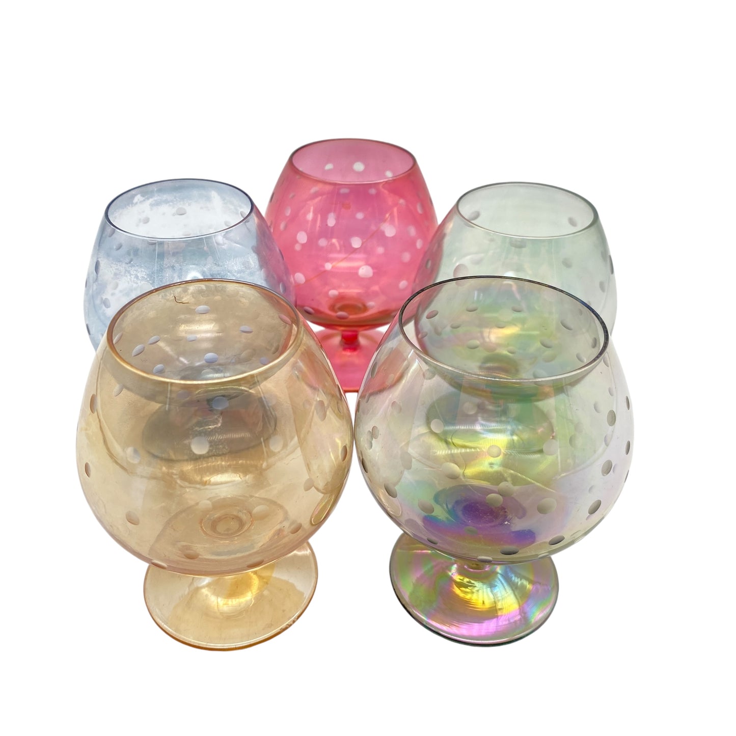 Mid Century Cognacgläser bunt irisierend 5er Set beschliffen Linsen 50er 60er Jahre