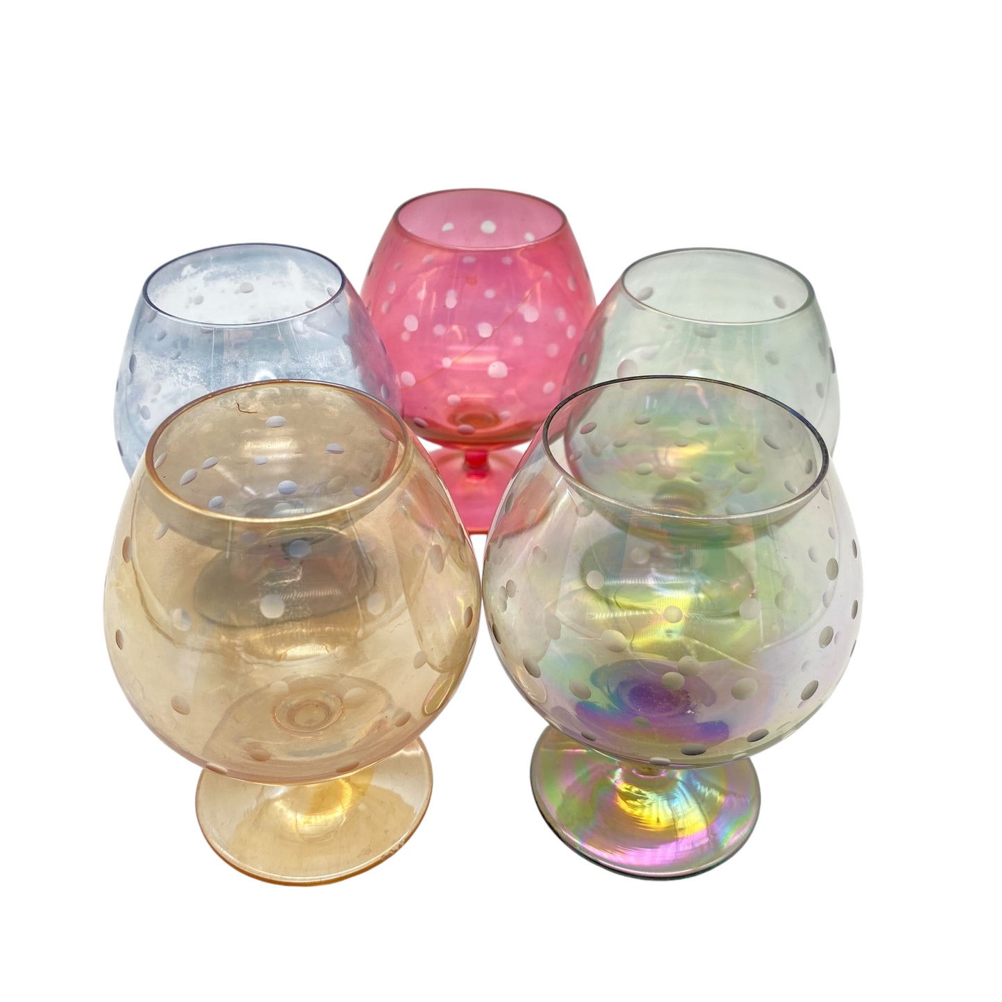 Mid Century Cognacgläser bunt irisierend 5er Set beschliffen Linsen 50er 60er Jahre