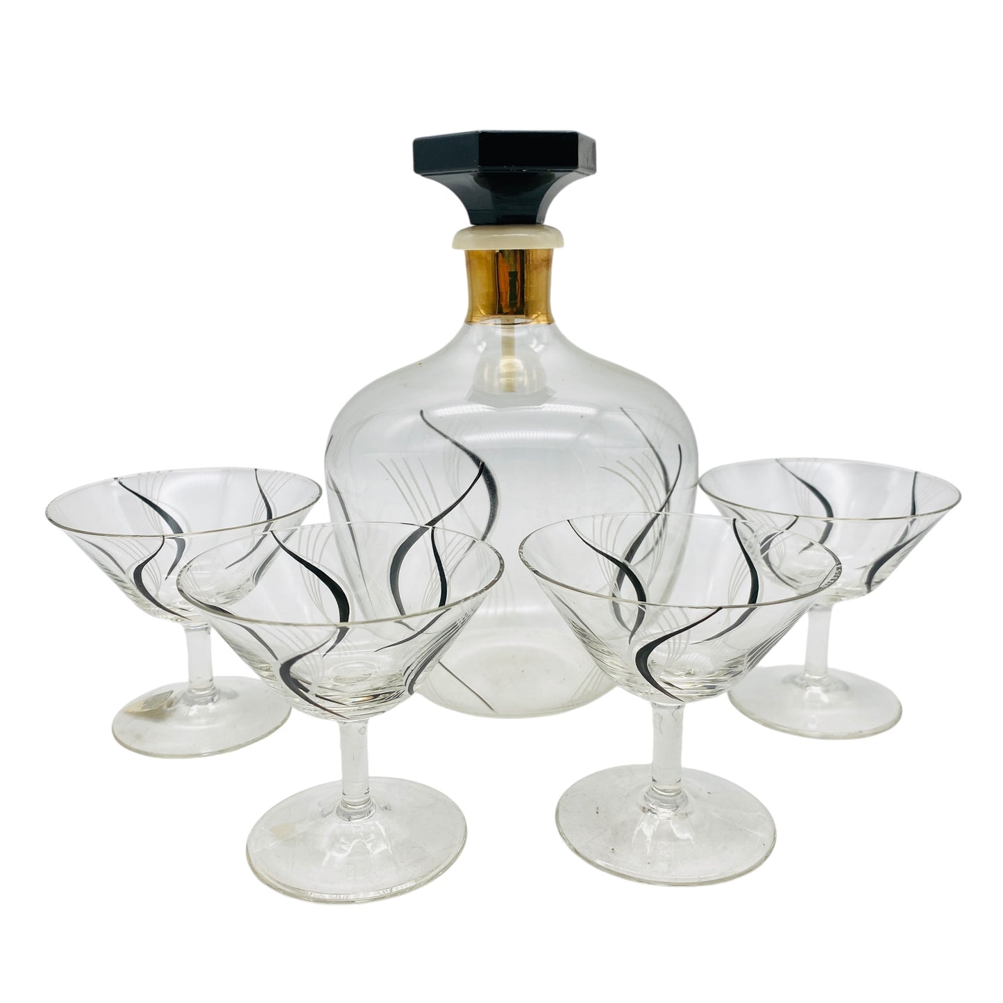 Mid Century Karaffe mit Likörgläsern bemalt schwarz Gold 50er Jahre Glas