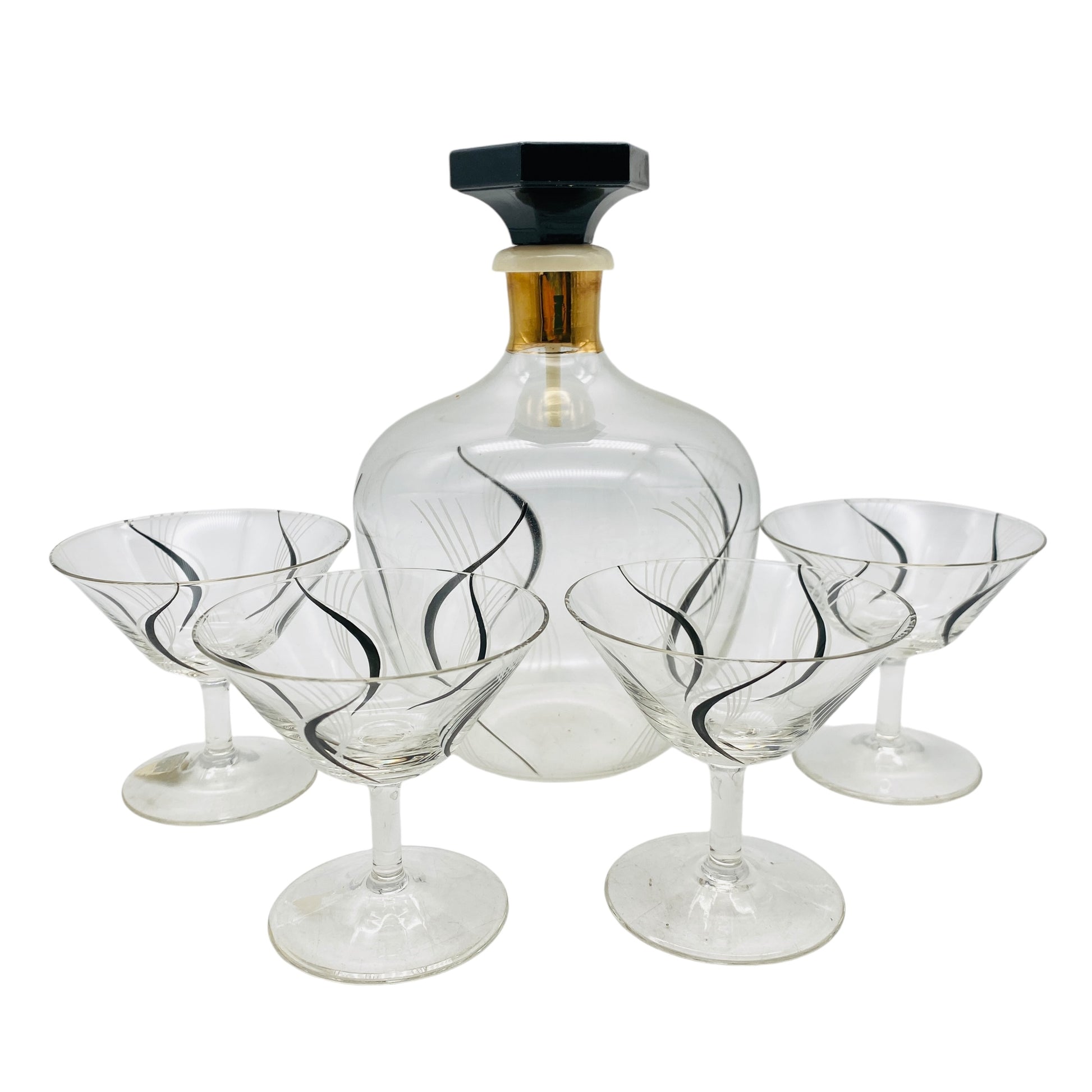 Mid Century Karaffe mit Likörgläsern bemalt schwarz Gold 50er Jahre Glas