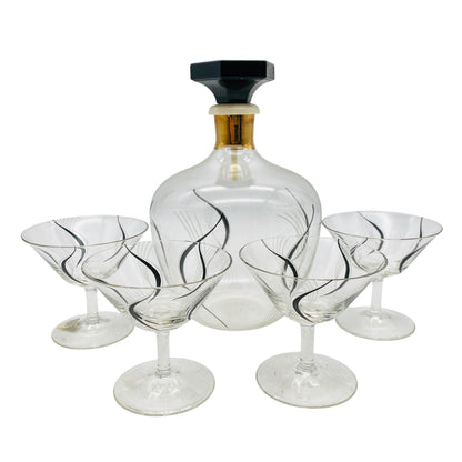 Mid Century Karaffe mit Likörgläsern bemalt schwarz Gold 50er Jahre Glas
