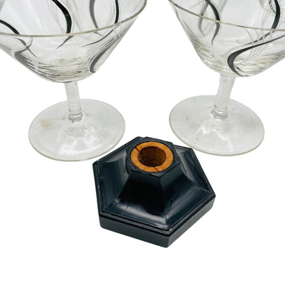 Mid Century Karaffe mit Likörgläsern bemalt schwarz Gold 50er Jahre Glas