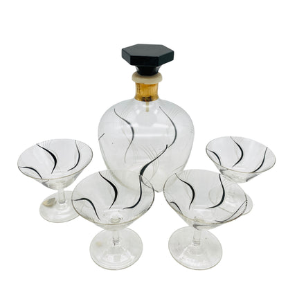 Mid Century Karaffe mit Likörgläsern bemalt schwarz Gold 50er Jahre Glas
