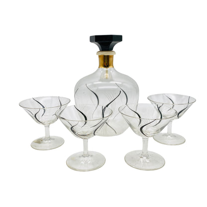 Mid Century Karaffe mit Likörgläsern bemalt schwarz Gold 50er Jahre Glas
