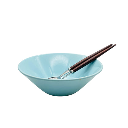Mid Century Schale Schüssel mit Salatbesteck Keramik hellblau blau 50er 60er 70er Jahre