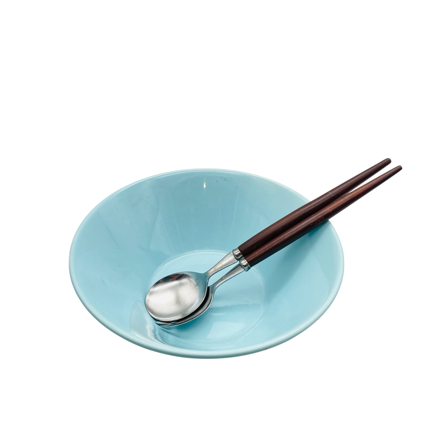 Mid Century Schale Schüssel mit Salatbesteck Keramik hellblau blau 50er 60er 70er Jahre