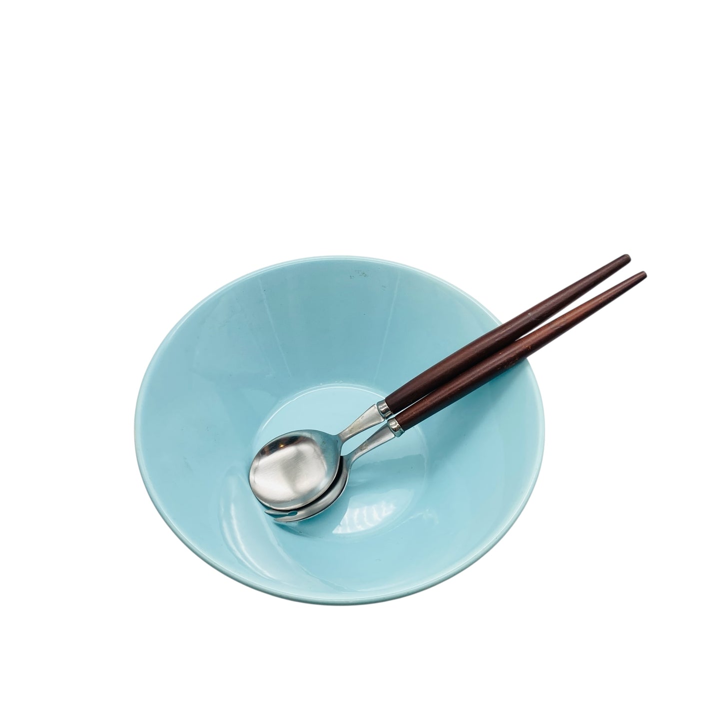 Mid Century Schale Schüssel mit Salatbesteck Keramik hellblau blau 50er 60er 70er Jahre