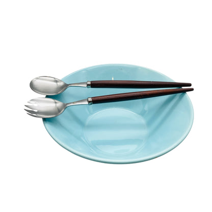 Mid Century Schale Schüssel mit Salatbesteck Keramik hellblau blau 50er 60er 70er Jahre