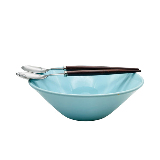 Mid Century Schale Schüssel mit Salatbesteck Keramik hellblau blau 50er 60er 70er Jahre