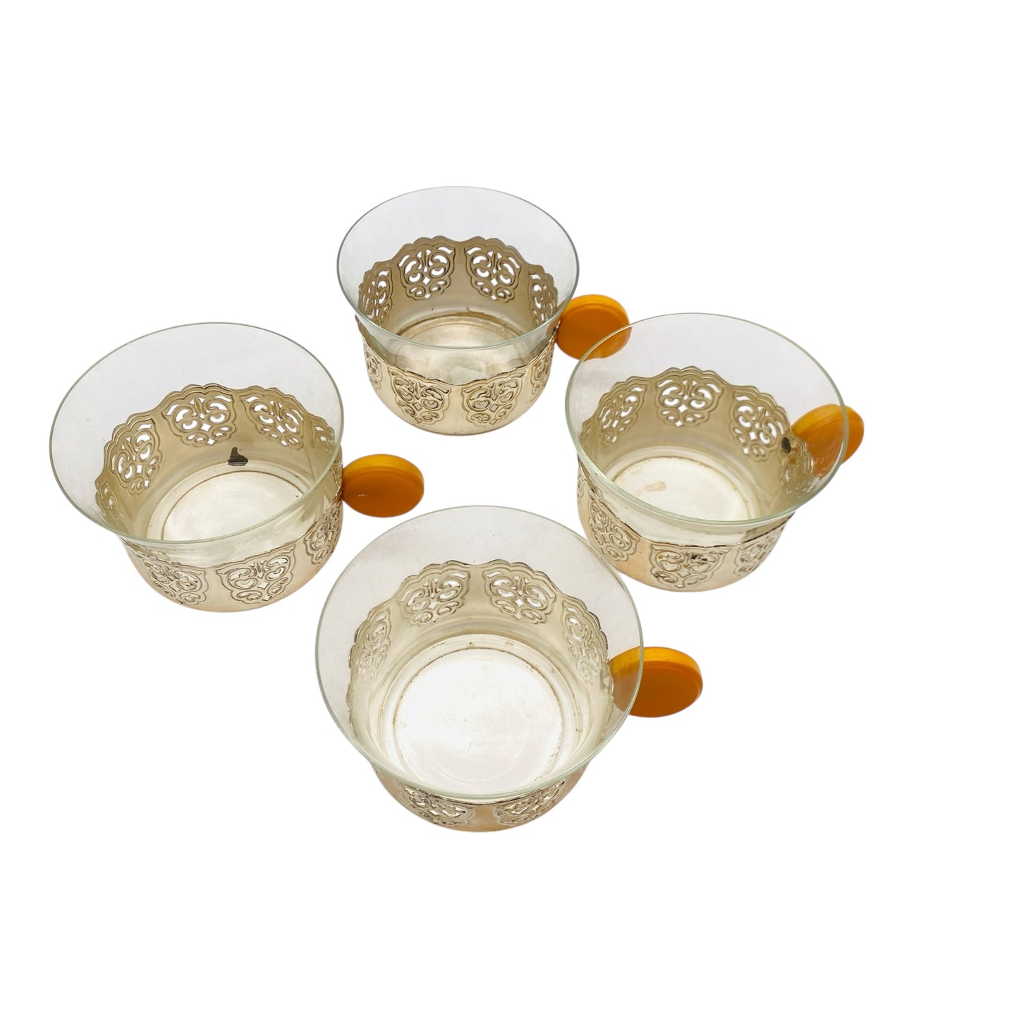 Mid Century Teegläser Bakelit Glas Halter silber 4er Set 50er 60er Jahre Tassen