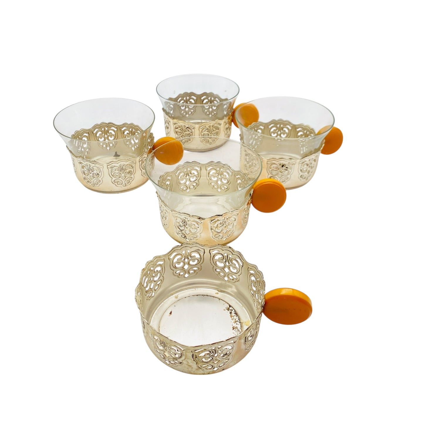 Mid Century Teegläser Bakelit Glas Halter silber 4er Set 50er 60er Jahre Tassen