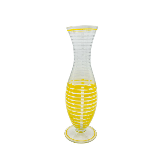 Mid Century Vase transparent mit gelb und weiß emailliert bemalt 60er 70er Jahre