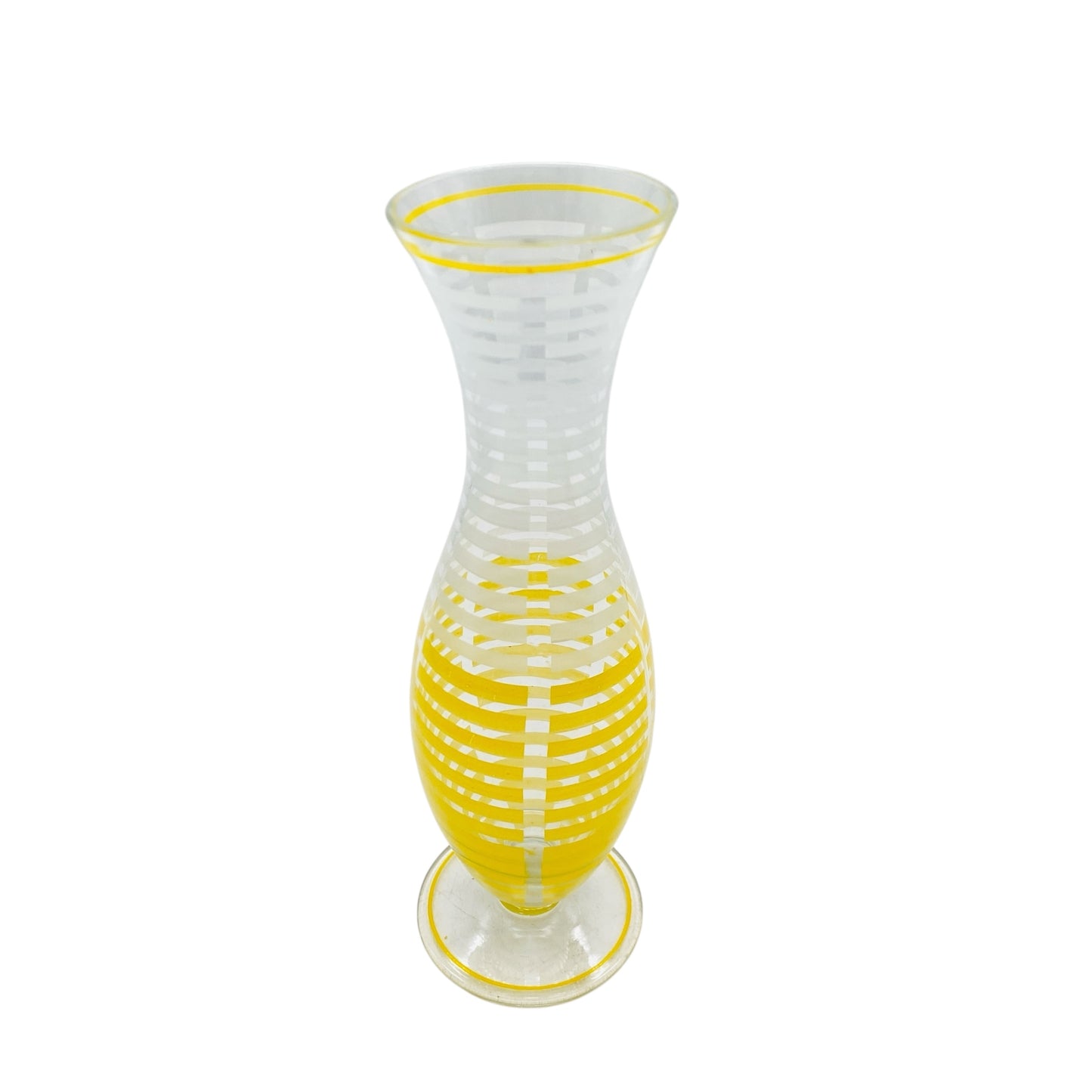 Mid Century Vase transparent mit gelb und weiß emailliert bemalt 60er 70er Jahre