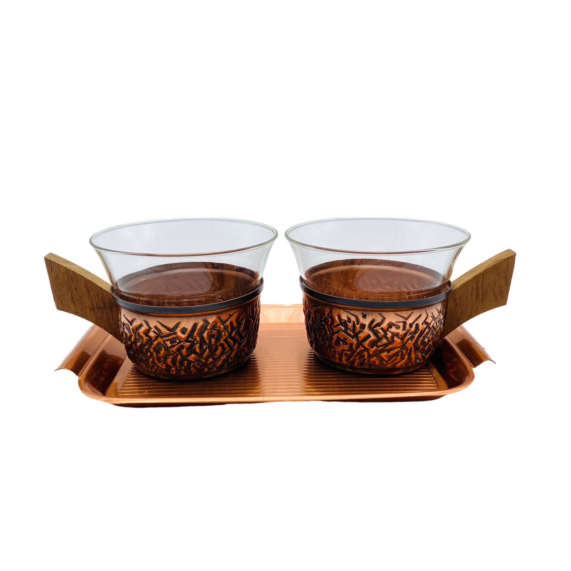 Paar Teetassen Mid Century Glas Kupfer mit Tablett Vintage 60er Jahre