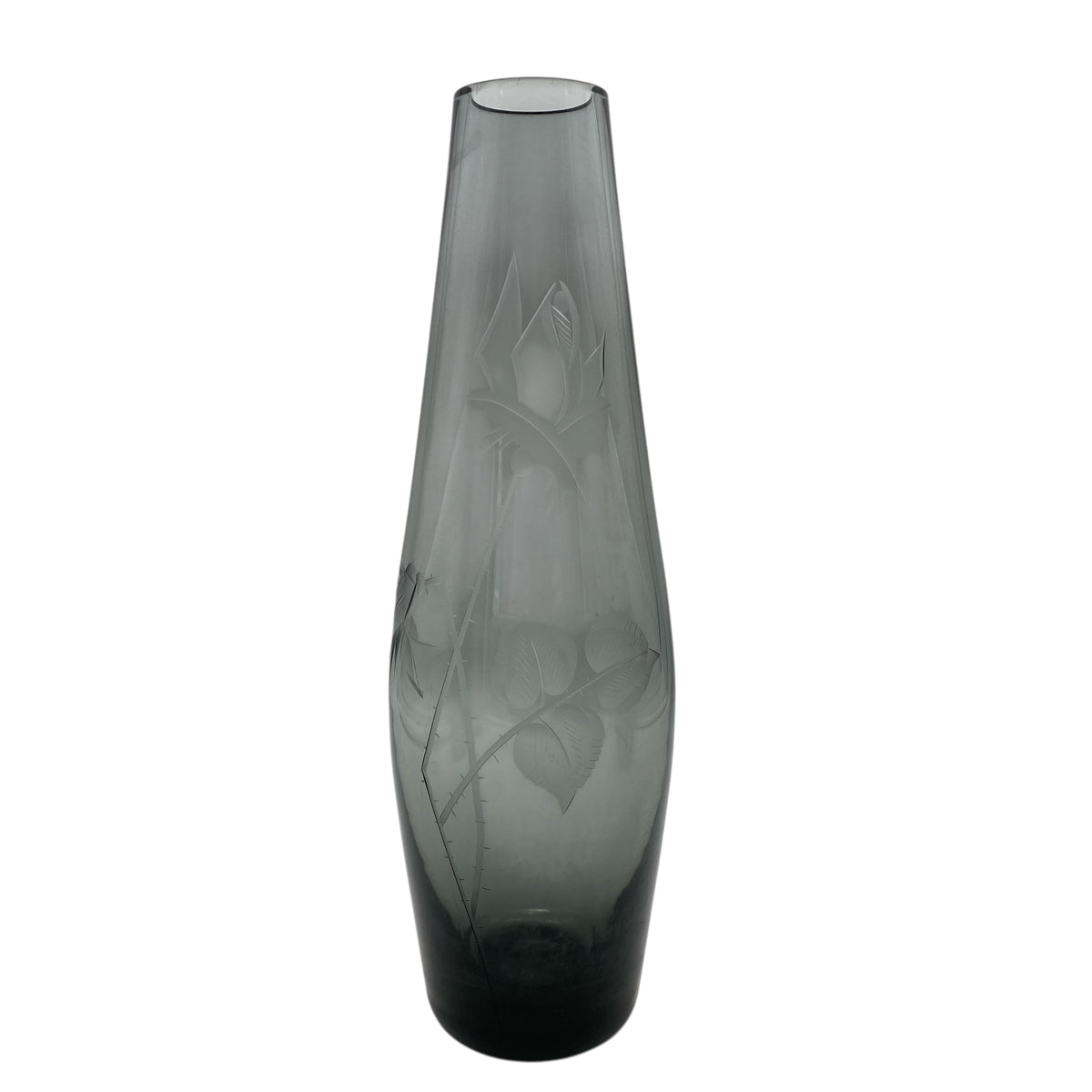 Rauchglas Vase mit Blüten Rosen beschliffen 60er 70er Jahre Mid – Mid Century Lounge