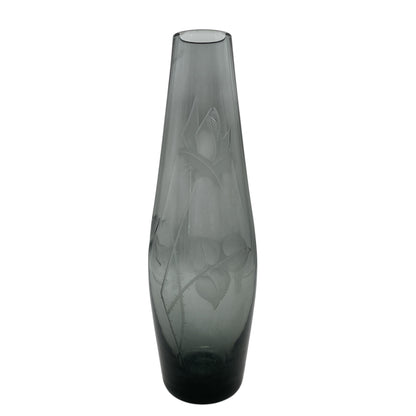 Rauchglas Vase mit Blüten Rosen beschliffen 60er 70er Jahre Mid Century Design