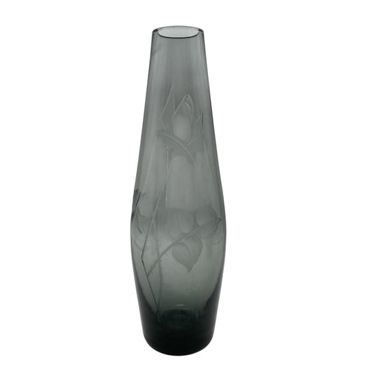 Rauchglas Vase mit Blüten Rosen beschliffen 60er 70er Jahre Mid Century Design