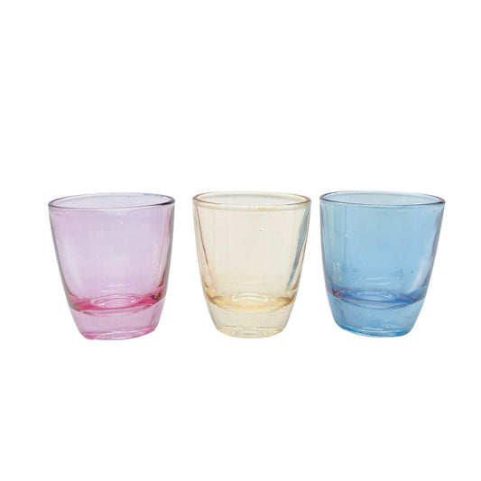 Schnapsgläser 3er Set irisierend blau lila gelb Mid Century 60er 70er Gläser