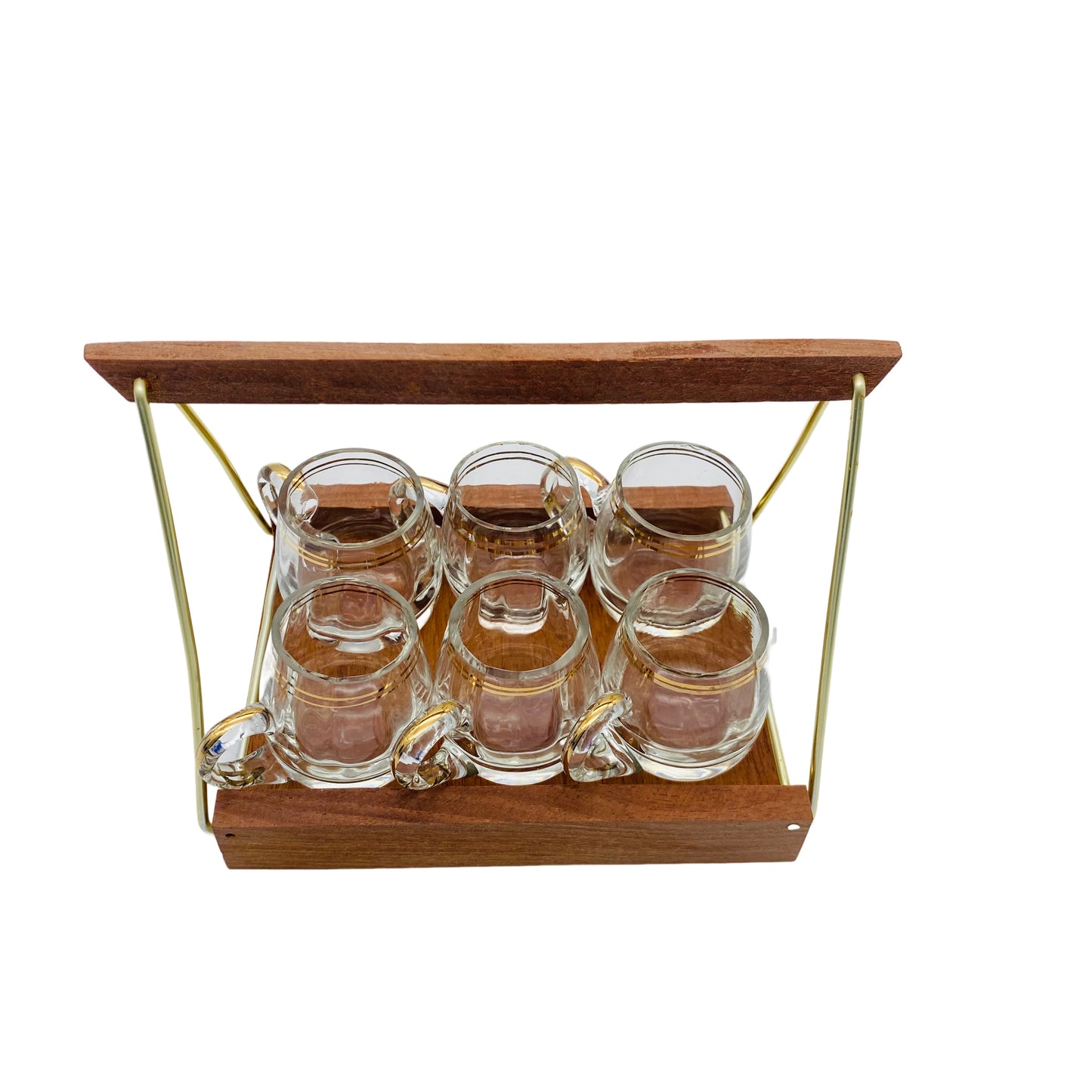 Schnapsgläser mit Tablett Halter Holz Mid Century Glas 60er Jahre