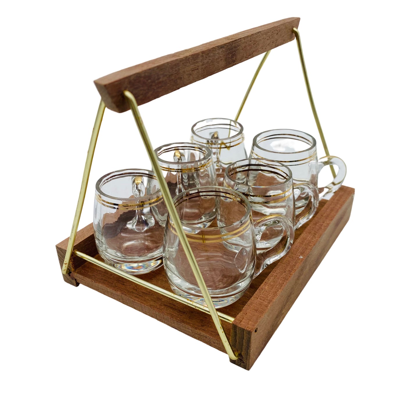 Schnapsgläser mit Tablett Halter Holz Mid Century Glas 60er Jahre