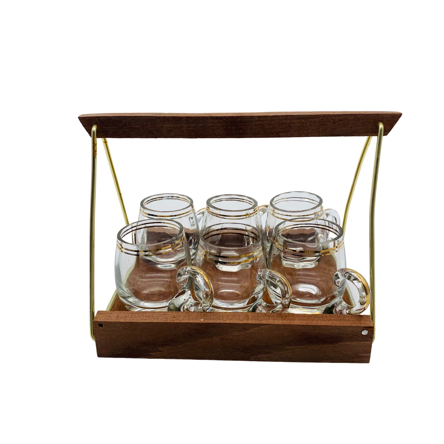 Schnapsgläser mit Tablett Halter Holz Mid Century Glas 60er Jahre