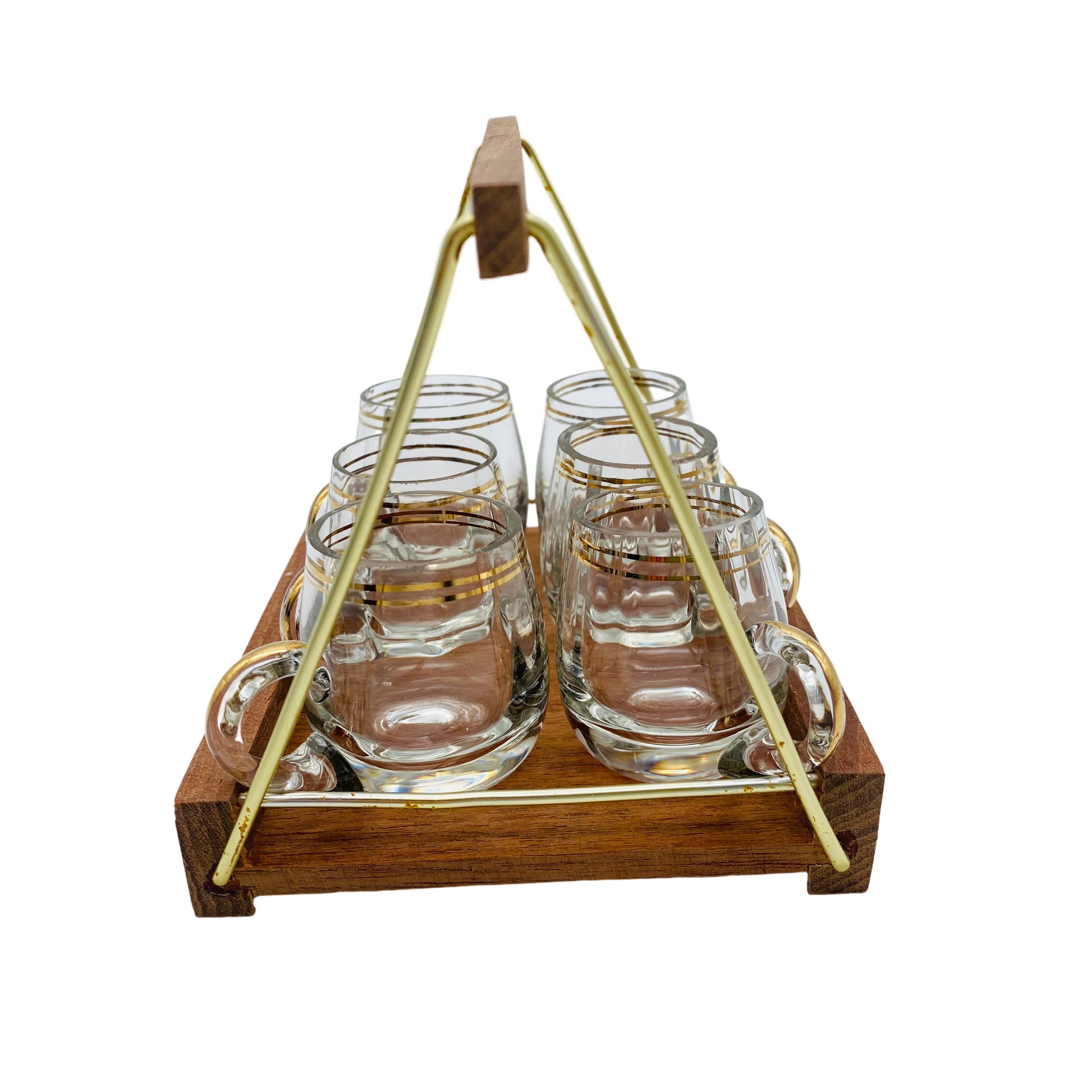 Schnapsgläser mit Tablett Halter Holz Mid Century Glas 60er Jahre