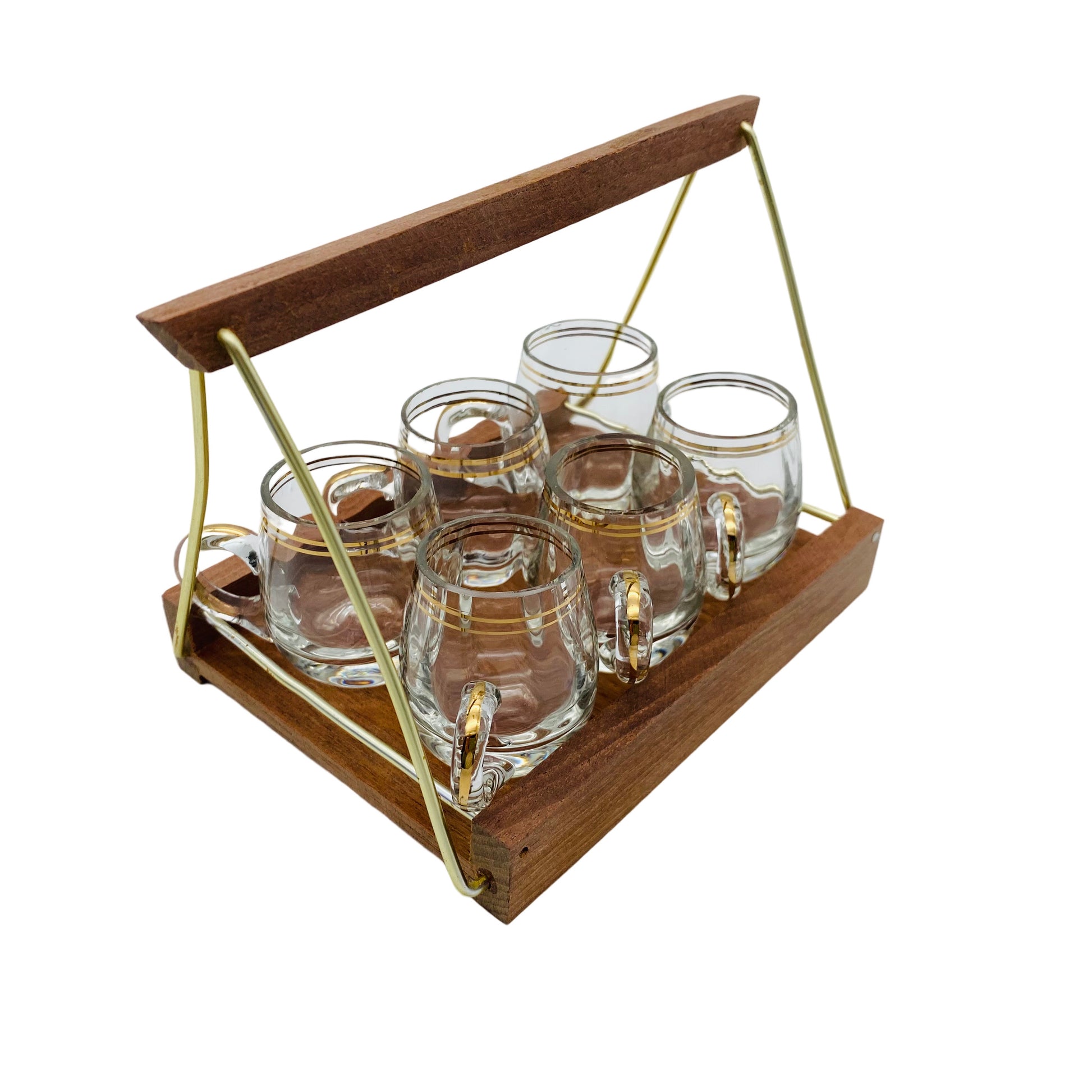 Schnapsgläser mit Tablett Halter Holz Mid Century Glas 60er Jahre