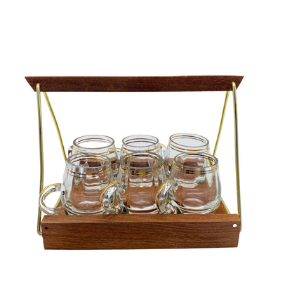 Schnapsgläser mit Tablett Halter Holz Mid Century Glas 60er Jahre