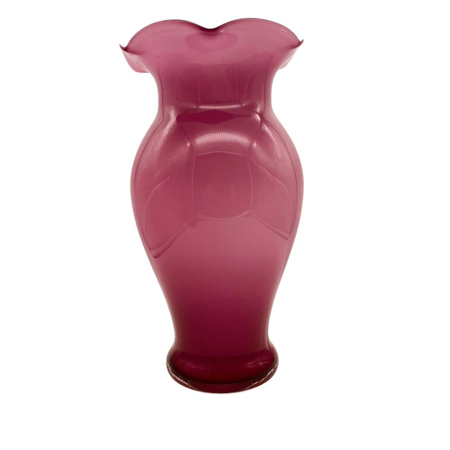 Stelvia Opalina Fiorentina Vase rosa Überfang weiß Italien Wellenrand Mid Century Dekoration