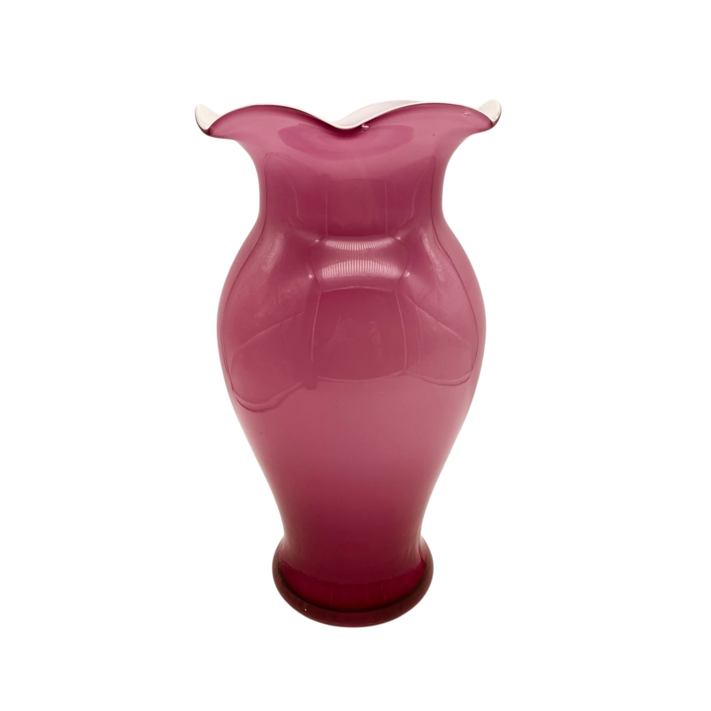 Stelvia Opalina Fiorentina Vase rosa Überfang weiß Italien Wellenrand Mid Century Dekoration