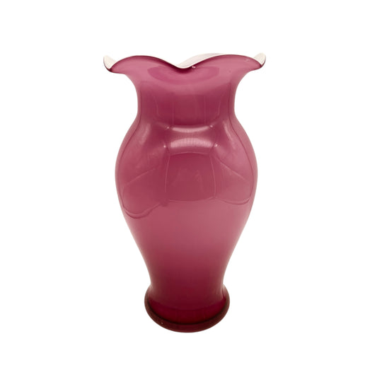 Stelvia Opalina Fiorentina Vase rosa Überfang weiß Italien Wellenrand Mid Century Dekoration