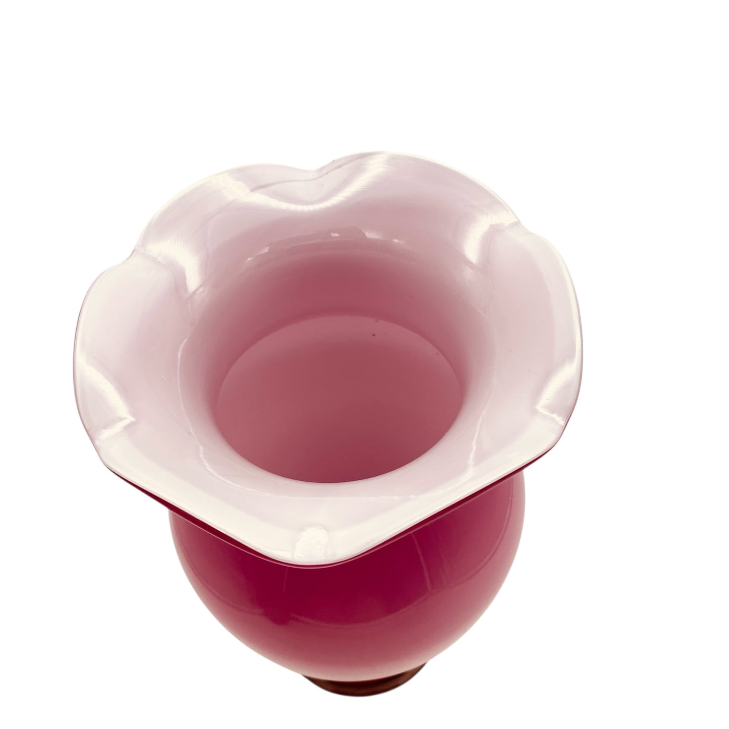 Stelvia Opalina Fiorentina Vase rosa Überfang weiß Italien Wellenrand Mid Century Dekoration