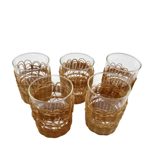 Teegläser im Halter geflochten 50er 60er Jahre 5er Set Vintage Teetassen
