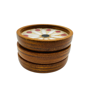 Trinkuntersetzer mit Keramik Einlagen Teller Vintage Dekoration Untersetzer 70er Jahre Holz