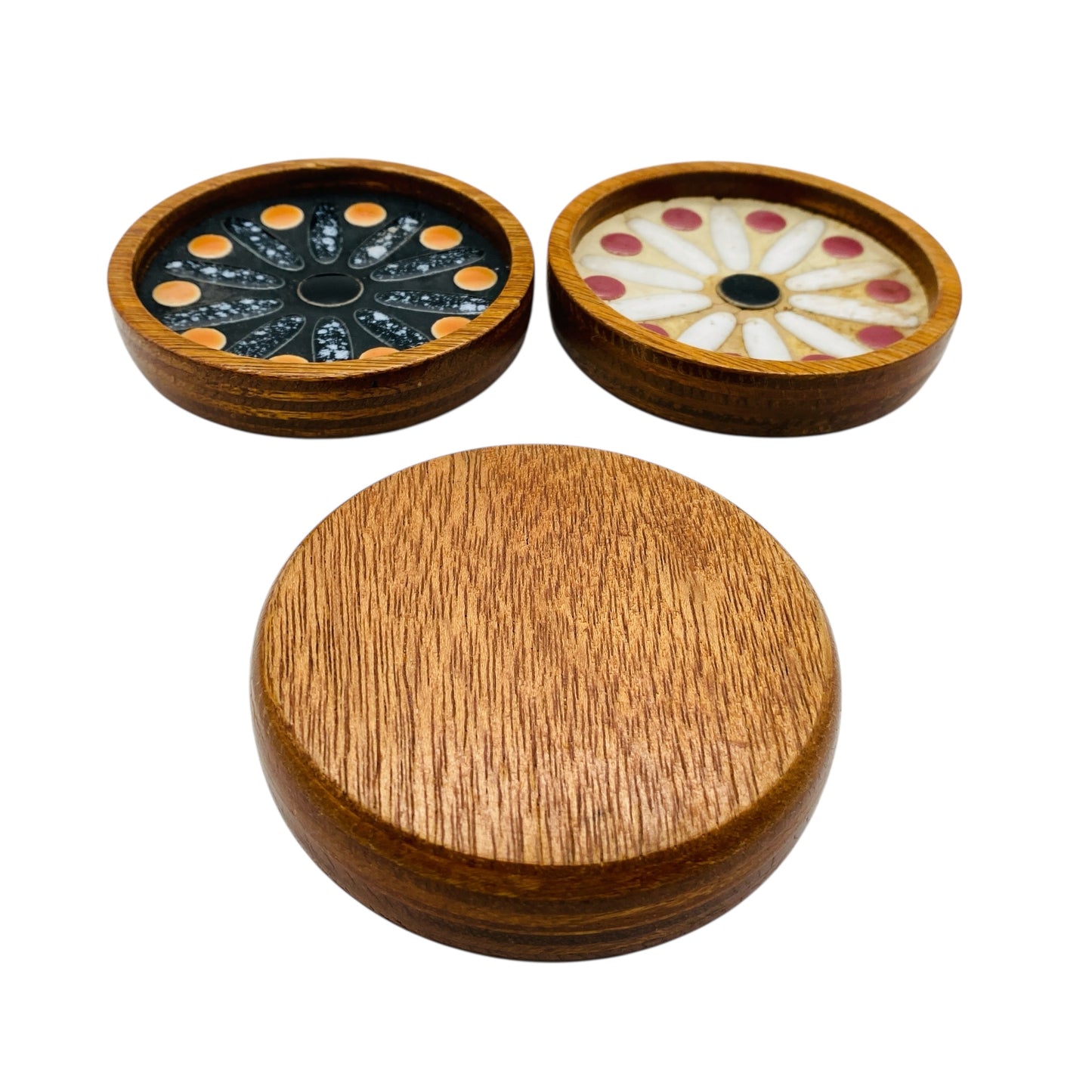 Trinkuntersetzer mit Keramik Einlagen Teller Vintage Dekoration Untersetzer 70er Jahre Holz
