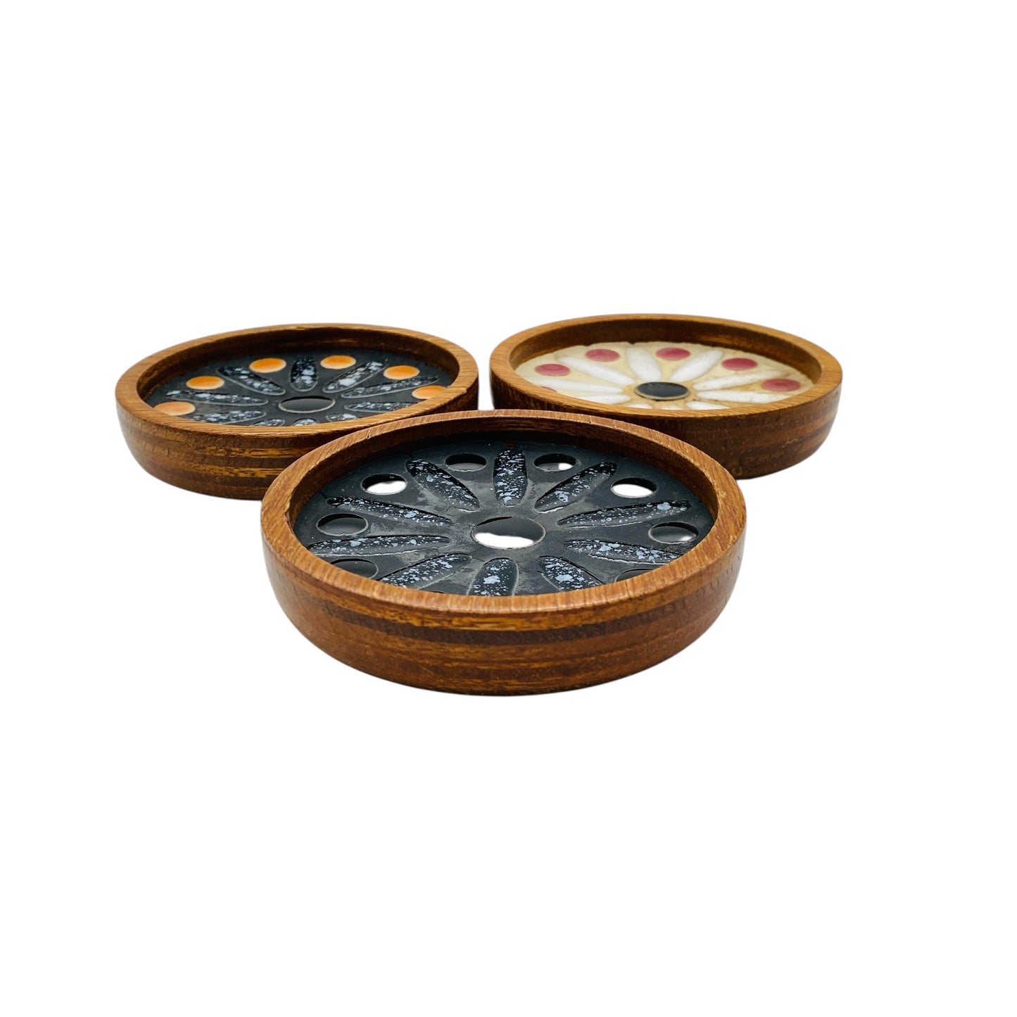 Trinkuntersetzer mit Keramik Einlagen Teller Vintage Dekoration Untersetzer 70er Jahre Holz