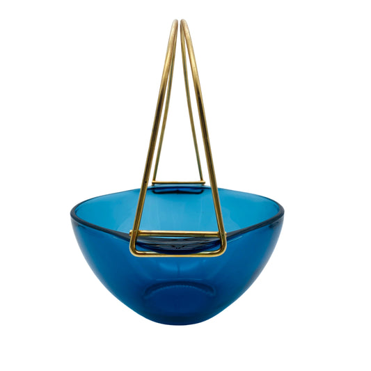 VERECO Schale Glas blau Metall Gold Korb 70er Jahre Vintage Frankreich