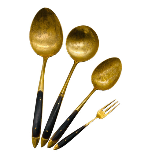 Vintage Besteck Löffel Messing & Horn Servierlöffel Sahnelöffel Kuchengabel