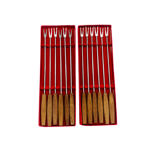 Vintage Fonduegabeln 12er Set Holzgriffe Edelstahl für Käsefondue Fleischfondue 60er 70er 