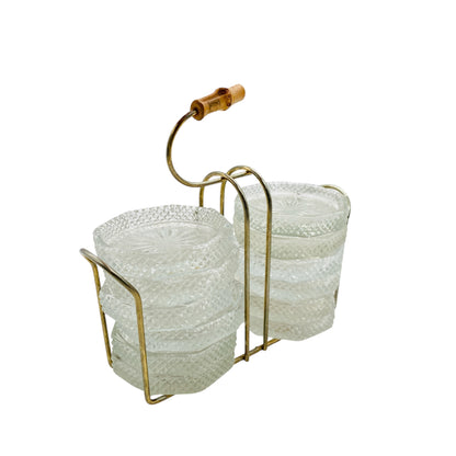 Vintage Glasuntersetzer für Trinkgläser beschliffen im Halter Messing Bambus 50er 60er Jahre Hausbar Deko