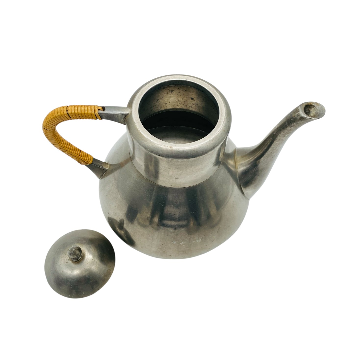 Vintage Kanne aus Zinn mit Bastgriff 50er 60er Jahre Teekanne / Kaffeekanne Dekoration