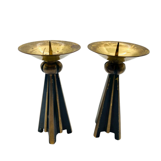 Vintage Kerzenständer Paar Eisen & Messing H 12,5 cm für Stumpenkerzen 50er 60er Jahre