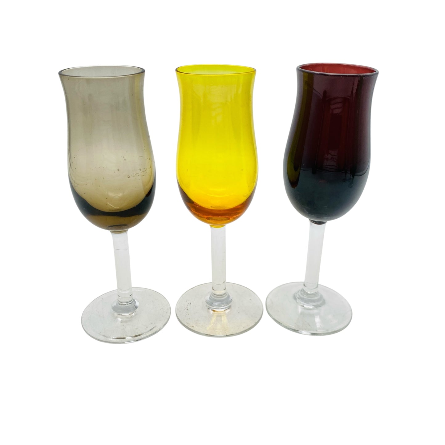 Vintage Likörgläser Rauchglas gelb lila 3er Set Schnapsgläser 60er 70er Jahre aus Glas