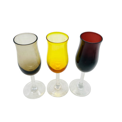 Vintage Likörgläser Rauchglas gelb lila 3er Set Schnapsgläser 60er 70er Jahre aus Glas