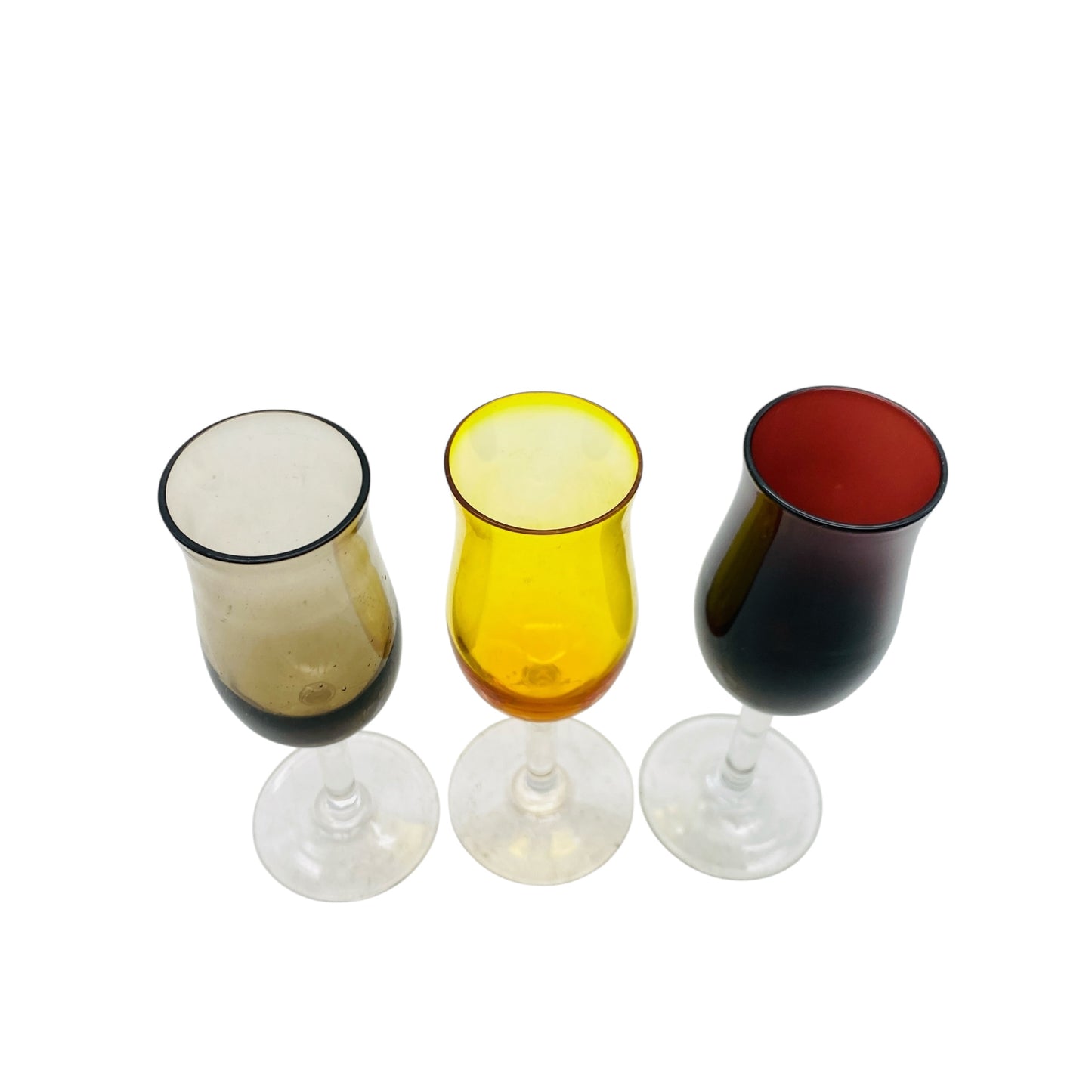 Vintage Likörgläser Rauchglas gelb lila 3er Set Schnapsgläser 60er 70er Jahre aus Glas