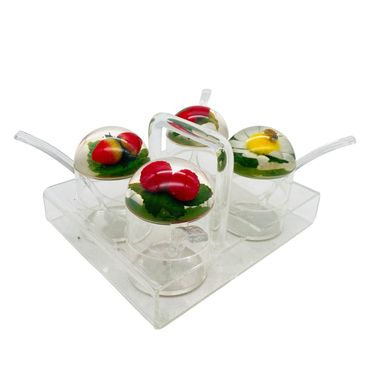 Vintage Menagere aus Acrylglas 70er Jahre für Honig & Marmelade mit Halter