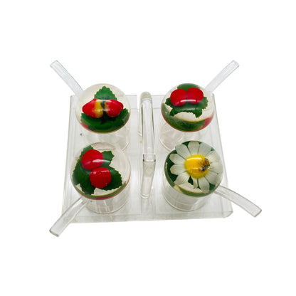 Vintage Menagere aus Acrylglas 70er Jahre für Honig & Marmelade mit Halter
