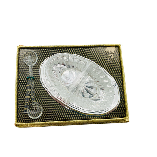 Vintage Menagere mini Tablett Glasschalen Glaslöffel für Süßstoff Salz Kandis 50er 60er